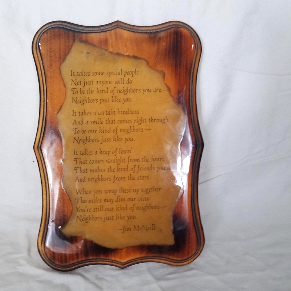 Jim McNeill Wood Plaque Wall Art 9.5x7 Brown Excellent 1977 Neighbor Poem Resin